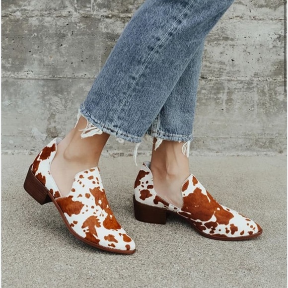 Fortune Brown and White Cow Print Pointed-Toe Ankle Booties - Picture 4 of 9